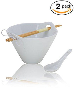 (2-Pack) Porcelain Noodle Soup Bowl with Bamboo Chopsticks and Ceramic Spoon (20 oz Bowl)- Perfect Bowls for Ramen Soup Noodles Cereal Pho Popcorn Oatmeal - Dishwasher Microwave Safe