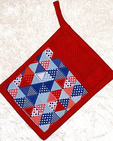1 Pocket Pot Holder With Hanging Loop - Red Potholder In Red, White And Blue Quilt Print