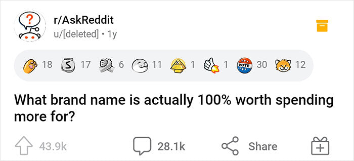 “What Brand Name Is Actually 100% Worth Spending More For?” (83 Answers)