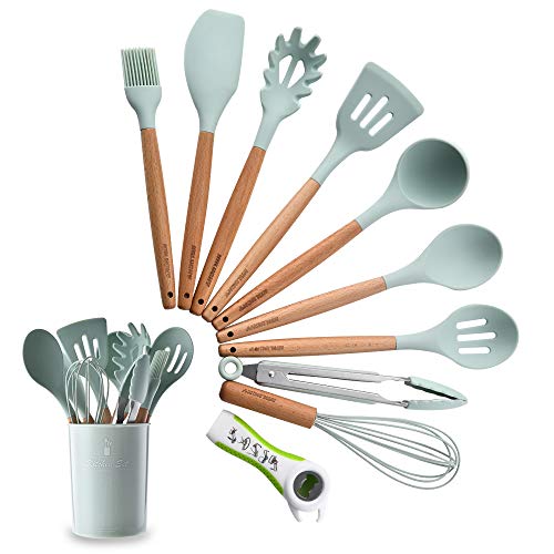 Silicone Kitchen Utensil Set, Heat-Resistant Non-Stick Silicone Cooking Tools (Wood)