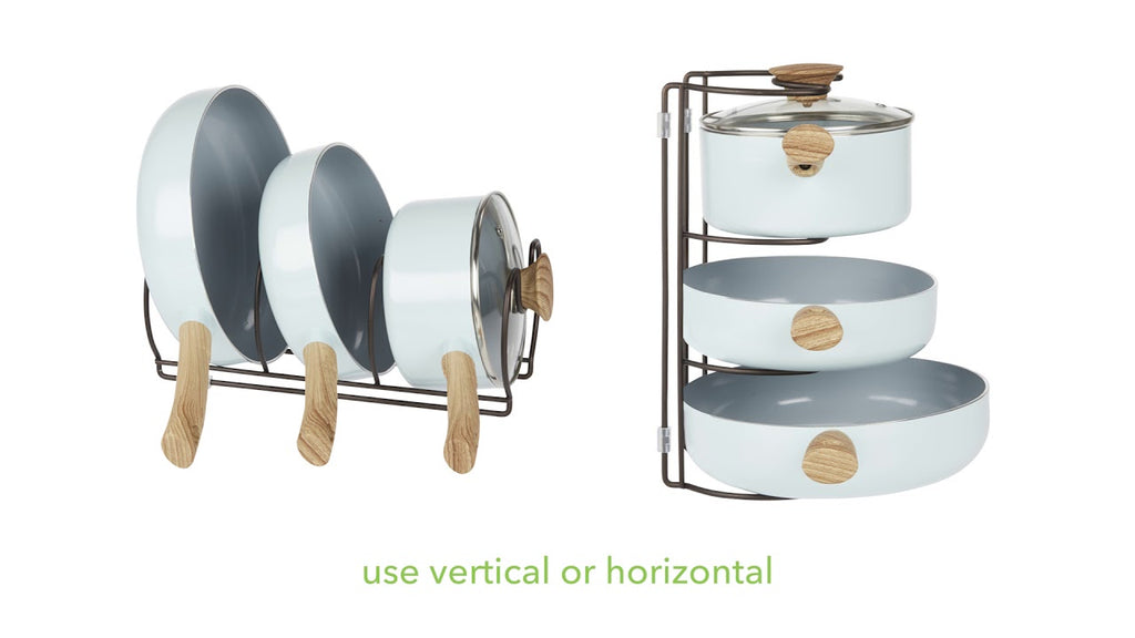 The mDesign Cookware Organizer Rack is a convenient place to store pans, pots, saucepans, frying pans and lid