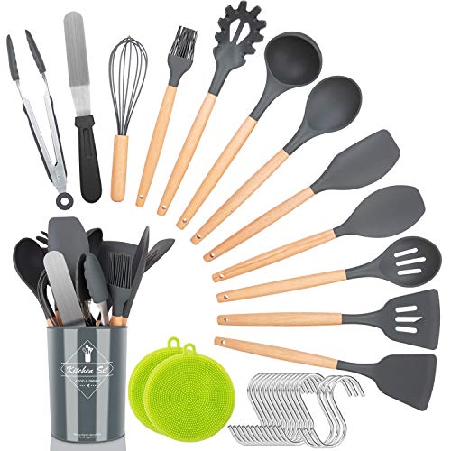 NEXGADGET Kitchen Utensil Set,30 Pieces Silicone Natural Wooden Handles Cooking Utensils,Spatula Set,Nonstick Kitchen Gadgets Set,Household Kitchen Appliances,with Holder,Hooks,Scrubber
