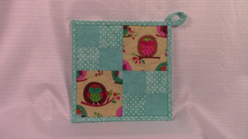 4 Patch Pot Holder: 3 different fabrics, binding, cotton batting, very detailed sewing instructions