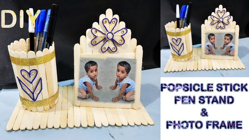 Popsicle stick craft/ice cream stick craft : how to make pen stand with photo frame