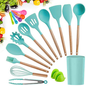 Kitchen Utensil Set, CROSDE 15pcs Cooking Utensils Set Silicone Kitchen Tools Wooden Spatula Set Cookware Turner Tongs Spatula Spoon Kitchen Gadgets with Holder – Teal