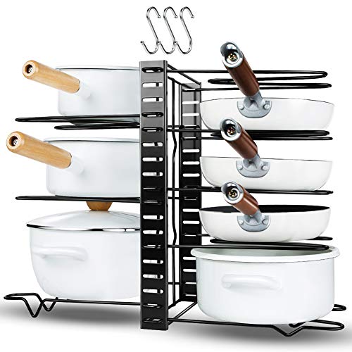 MOKARO Kitchen Pot Rack Organizer 8 Tiers Pans Racks for Cabinet Adjustable Pot Lid Holders with 3 DIY Methods Lengthened Metal Pots Storage Standing for Countertop  Black