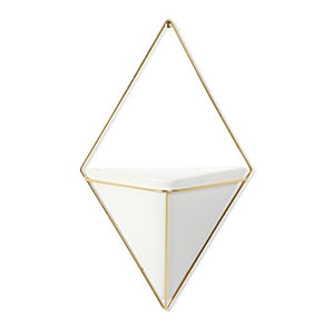 Umbra Trigg Hanging Planter Vase & Geometric Wall Decor Container - Great For Succulent Plants, Air Plant, Mini Cactus, Faux Plants and More, White Ceramic/Brass
