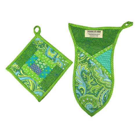 Teal Paisley Pot Holder and Oven Mitt Set - Haiti