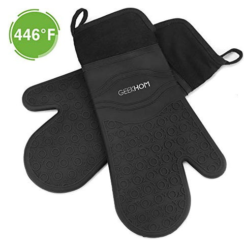 GEEKHOM Oven Mitts 15 Inch Extra Long Silicone Cooking Gloves Professional Waterproof and Heat Resistant Pot Holder with Quilted Liner for Baking, 1 Pair