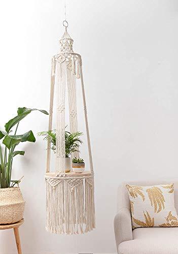 Hanging Shelf Indoor Plant Hanger Planter Rack Flower Pot Holder with Beads Boho Home Wall Decor (with Wood Plate)