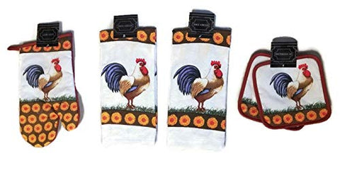 HomeConcept Sunflower & Rooster Designer Kitchen Linen Bundle Oven Mitt (1) Towels (2) Pot Holders (2)