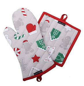 KRN Furnishing Pot Holders and Oven Mitts, Christmas Fun Design, Heat Resistant, Made of 100% Cotton, Eco-Friendly & Safe, Set of 1 Oven Mitt and 1 Pot Holder, Pot Holders and Oven Mitts Sets