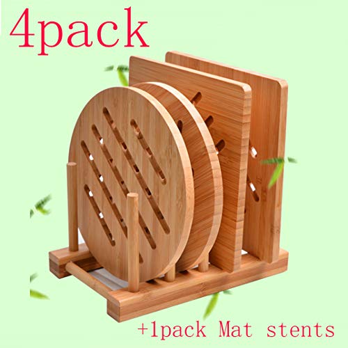 Bamboo Trivet Kitchen Bamboo Hot Pads Trivet Natural Bamboo Trivet Mat Set for Hot Dishes/Pot/Bowl/Teapot/Hot Pot Holders 2 square 2 roundness 1 storage rack