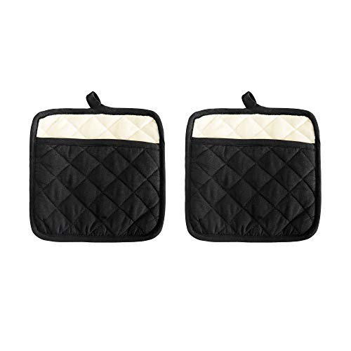 Pot Holder Set, Solid Silicone Black Color, Set Of 2, Extra Large Heat Resistant Cotton Quilted Silicone Printed, Non Slip Grip, With Pocket & Terry Lining. Size 9 X 9".