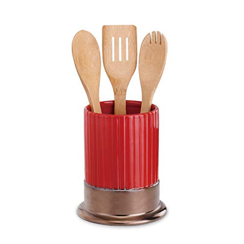 Shotgun Shell Glossy Red 7 x 6 Stoneware and Bamboo Utensil Holder Organizer Set