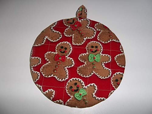 Gingerbread Man Christmas Pot Holders Heat Resistant Handmade Double Insulated Round 9 Inches