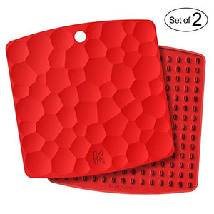 KozyGear 2 sets of 7" x 7" Silicone Trivet Mats, Hot Insulation Pads, Hot Pan Pot Holder, Bottle/Jar Opener, Heat Resistant To 442 °F For Oven - Non-Slip, Flexible, Waterproof [Z3 - Series] (RED)