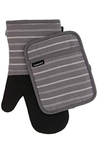 Cuisinart Neoprene Oven Mitts and Potholder Set-Heat Resistant Oven Gloves to Protect Hands and Surfaces with Non-Slip Grip, Hanging Loop-Ideal for Handling Hot Cookware Items,Twill Stripe Titan. Grey