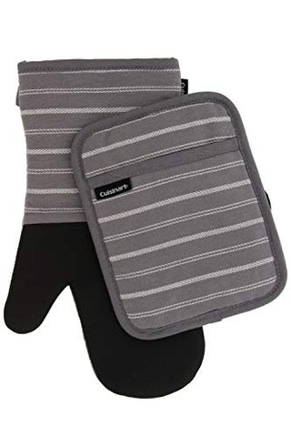 Cuisinart Neoprene Oven Mitts and Potholder Set-Heat Resistant Oven Gloves to Protect Hands and Surfaces with Non-Slip Grip, Hanging Loop-Ideal for Handling Hot Cookware Items,Twill Stripe Titan. Grey