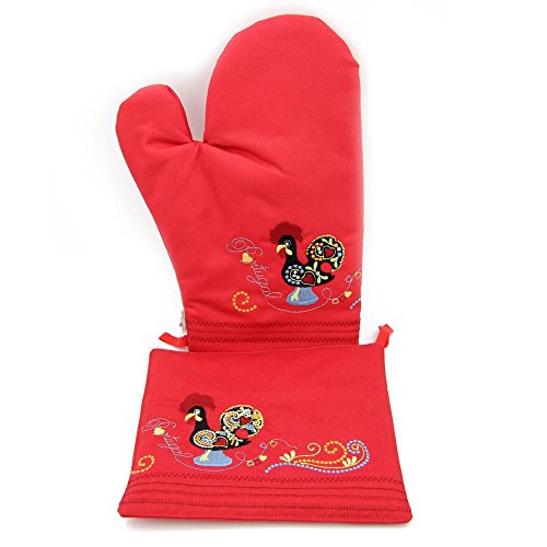 Suspiro d’Algodão 100% Cotton Oven Mitt and Pot Holder Set with Embroidered Rooster Design