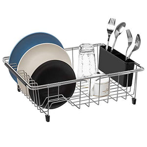 SANNO Large Dish rack Expandable Dish drying Rack,Adjustable Dish Drainers,Over the Sink Dish Rack In Sink or On Counter with Black Utensil Silverware Storage Holder, Rustproof