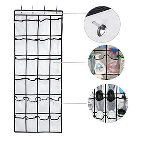 Over the Door Hanging Shoe Organizer, 24 Large Mesh Pockets Shoes Storage and Closet Organizer With 4 Unique Customized Strong Metal Hooks for Kitchen Accessory Holder - Space Saving Solution(White)