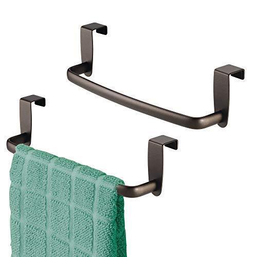 mDesign Kitchen Over Cabinet Metal Towel Bar - Hang on Inside or Outside of Doors, for Hand, Dish, and Tea Towels - 9.75" Wide, 2 Pack - Bronze Finish