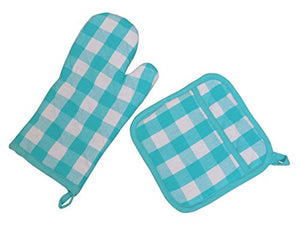 Yourtablecloth Set of Checkered Oven Mitt and Pot Holder or Oven Gloves-100% Cotton, Heat Resistance, Superior Protection & Comfort–Gingham Design-Machine Washable Aqua and White