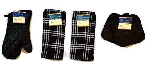 Home Collection Black & White Kitchen Linen Bundle Package Oven Mitt (1) Pot Holders (2) Kitchen Towels (2)