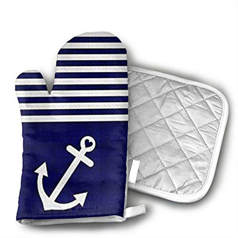 Ubnz17X Navy Blue Love Anchor Nautical Oven Mitts and Pot Holders for Kitchen Set with Cotton Non-Slip Grip,Heat Resistant