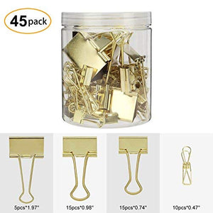 Maddott Gold Binder Clips, Paper Clamp Clothes Pins Clips Assorted Sizes, Pack of 45