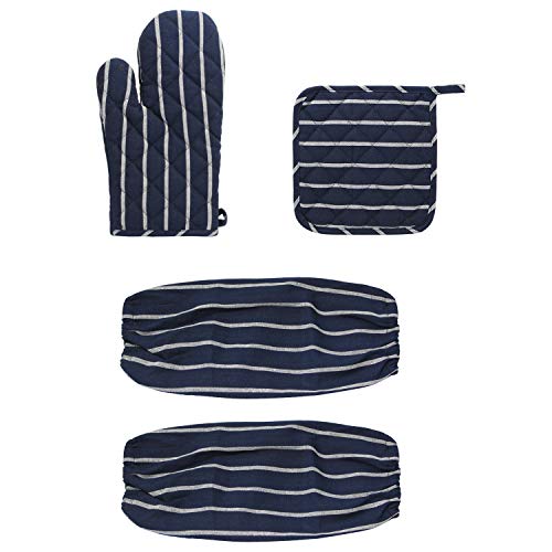 Pot Holder and Oven Mitt and Oversleeve 4 Set Mitt Potholdes, Blue Stripe - FUNLAVIE