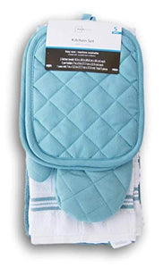 5 Piece Kitchen Towels Set 2 Towels, 1 Oven Mitt and 2 Pot Holders Topaz