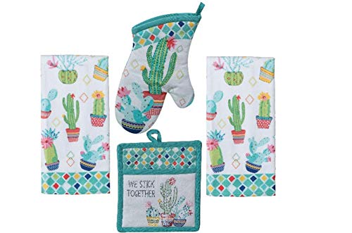 Kitchen Linen Set - Cactus Garden Design 4 Piece Bundle Includes 2 Terry Towels, 1 Oven Mitt, and 1 Potholder