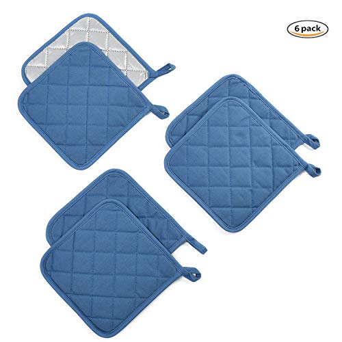 Jennice House Potholders Set Trivets Kitchen Heat Resistant Pure Cotton Coasters Hot Pads Pot Holders Set of 6 for Everyday Cooking and Baking by 7 x 7 Inch (Blue)