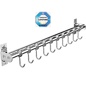 EINFAGOOD Pot Rack, Kitchen Hooks Rack 10 Hooks with Knife Holder and Pot Lid Rack?Stainless Steel Double Pipe, 23.62 in Long (Polished Finish)