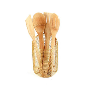 Kitchen Utensil Crock or Utensil Holder, Large Decorative Geometric Gold Wire Utensil Organizer for Spatula, Spoon or Any Cooking Tools, Metal, 7 x 4 Inches