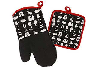 Disney Kitchen Oven Mitt/Glove and Square Potholder Set w/Neoprene for Easy Non-Slip Gripping - Protect Your Hands in The Kitchen - Heat Resistant Kitchen Accessories - Mickey Mouse Icon (Black)