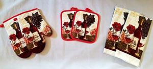 Wine Grapes Linen 6 Piece Bundle Package Oven Mitts (2) Pot Holders (2) Kitchen Towels (2) (#4323)