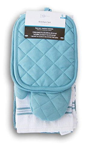 Topaz Kitchen Towel Set 5 Piece - Pot Holders, Oven Mitt and Terry Kitchen Towels