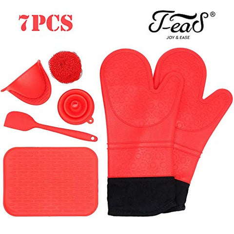 Jea-S Silicone Oven Mitts and Potholder 7-Piece Set - Heavy Duty Extra Long Professional Cooking Gloves 14.7" (X 2), Kitchen Counter Safe Trivet, Pinch Grip, Spatula, Funnel, Wire Ball Cleaner - RED