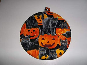 Quilted Halloween Pot Holders Black Cats Orange Pumkins Heat Resistant Handmade Double Insulated Hot Pads Trivets 9 Inches Round