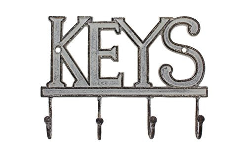 Key Holder “Keys” – Wall Mounted Western Key Holder | 4 Key Hooks |Decorative Cast Iron Key Rack| with Screws and Anchors – 6x8”- Ca-1506-04 (Antique White)