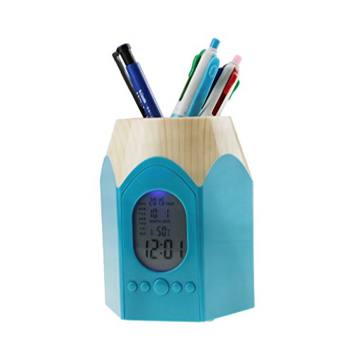 Plastic Wood Grain Pen Pencil Stub Holder Cup Stand Pencil Pot Holder Container with Date,Alarm Clock & Calendar for Pens,Utensils,Scissors,Multipurpose Organizer for Desktop Office