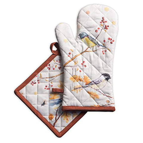 Maison d' Hermine Oak Leaves 100% Cotton Set of Oven Mitt (7.5 Inch by 13 Inch) and Pot Holder (8 Inch by 8 Inch). Perfect for Thanksgiving and Christmas