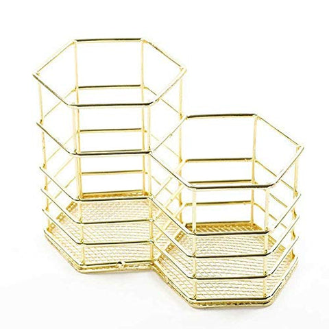 Aolvo Dual Hexagon Pencil Holder Pot Rose Gold Wire Mesh Pencil Holder - Japanese Metal Desk Pencil Holder Organizer Container Hollow Makeup Brushes Stationery Storage Basket