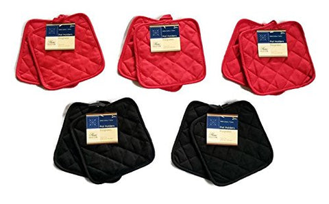 Pack of Ten (10) Red & Black Home Store Cotton Pot Holders (3 Sets of Red & 2 Sets of Black)