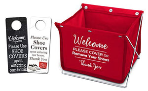 Foldable Shoe Cover Holder (Red) with Bonus Please Use Shoe Covers, Double Sided, Door Hanger
