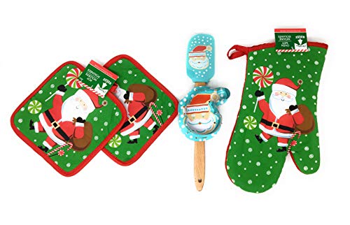 Christmas House Santa Claus Spatula and Oven Mitt Baking Bundle. Holiday Baking bundle includes one Santa scraper spatula, Santa Claus oven mitt, one Santa cookie cutter and two Santa pot holders.