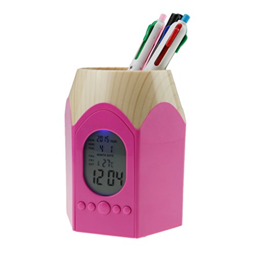 Plastic Wood Grain Pen Pencil Stub Holder Cup Stand Pencil Pot Holder Container with Date,Alarm Clock & Calendar for Pens,Utensils,Scissors,Multipurpose Organizer for Desktop Office